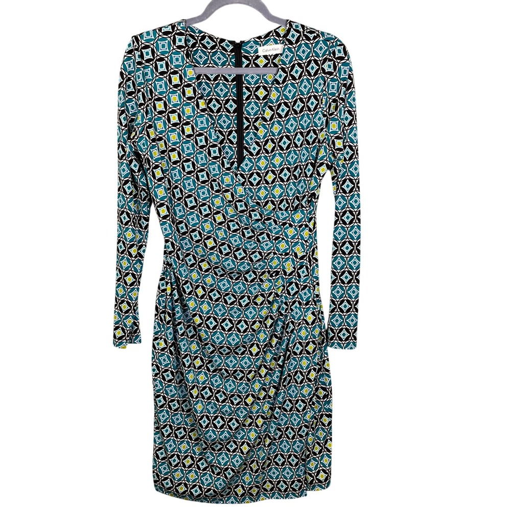 Calvin Klein Sheath Dress Womens 10 Teal Geometric Ruched Very Good CD4ABTDE